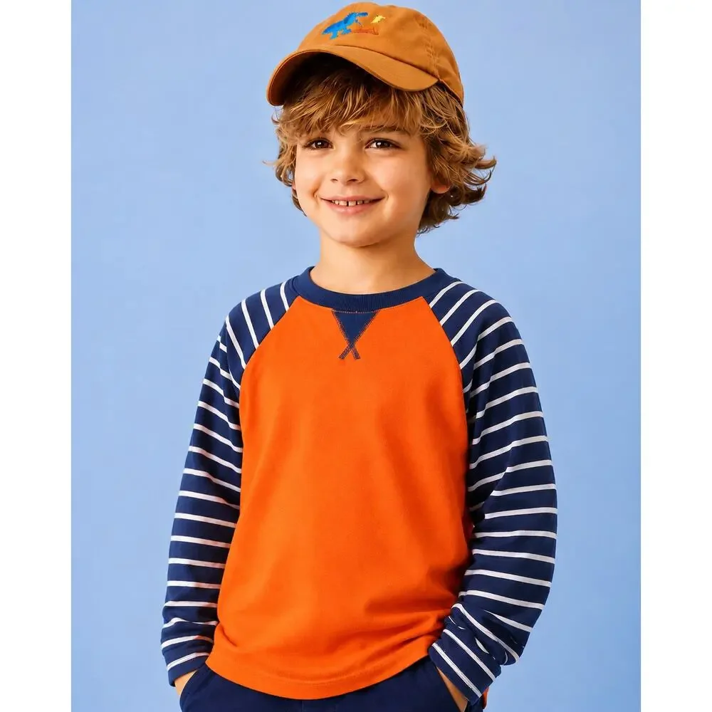 NWT Hanna Andersson Boys 160/US14 Baseball Tee OrangeNavy Stripe RaglanSupersoft